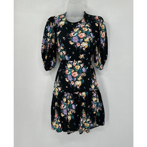 O'Neill Mini‎ Dress Womens Small Alta Black Floral Open Back Puff Sleeve Cottage